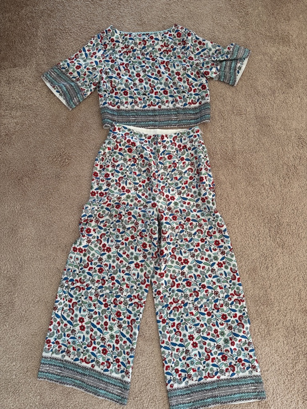 Boden Silk Floral Two-Piece Top & Wide-Leg Pants top size 6, bottom size 4